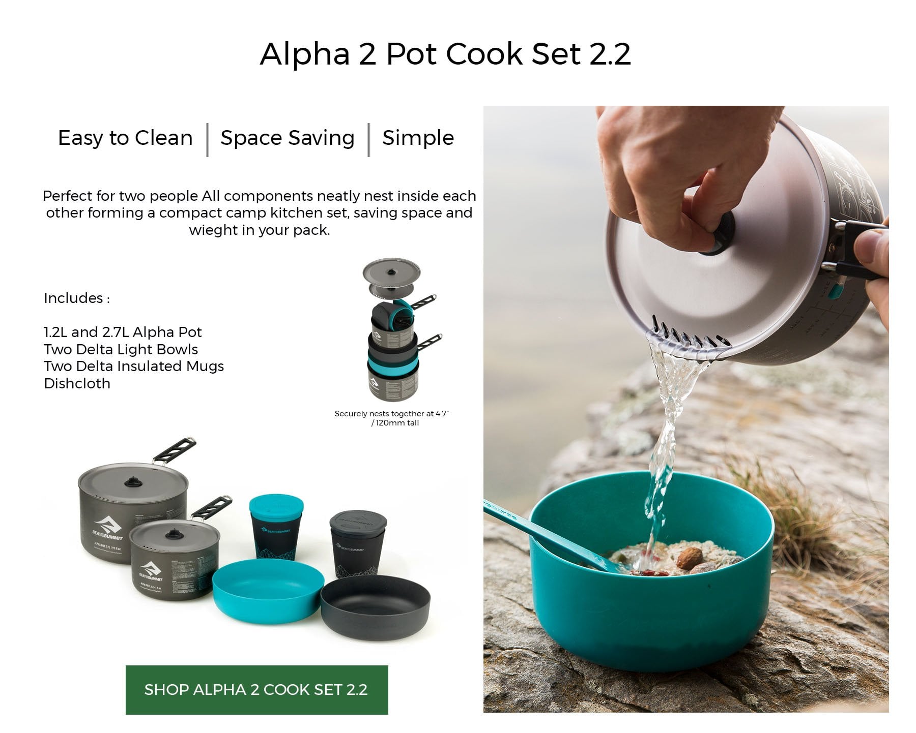 sea to summit alpha 2 pot cook set 2.2 with ld mountain centre